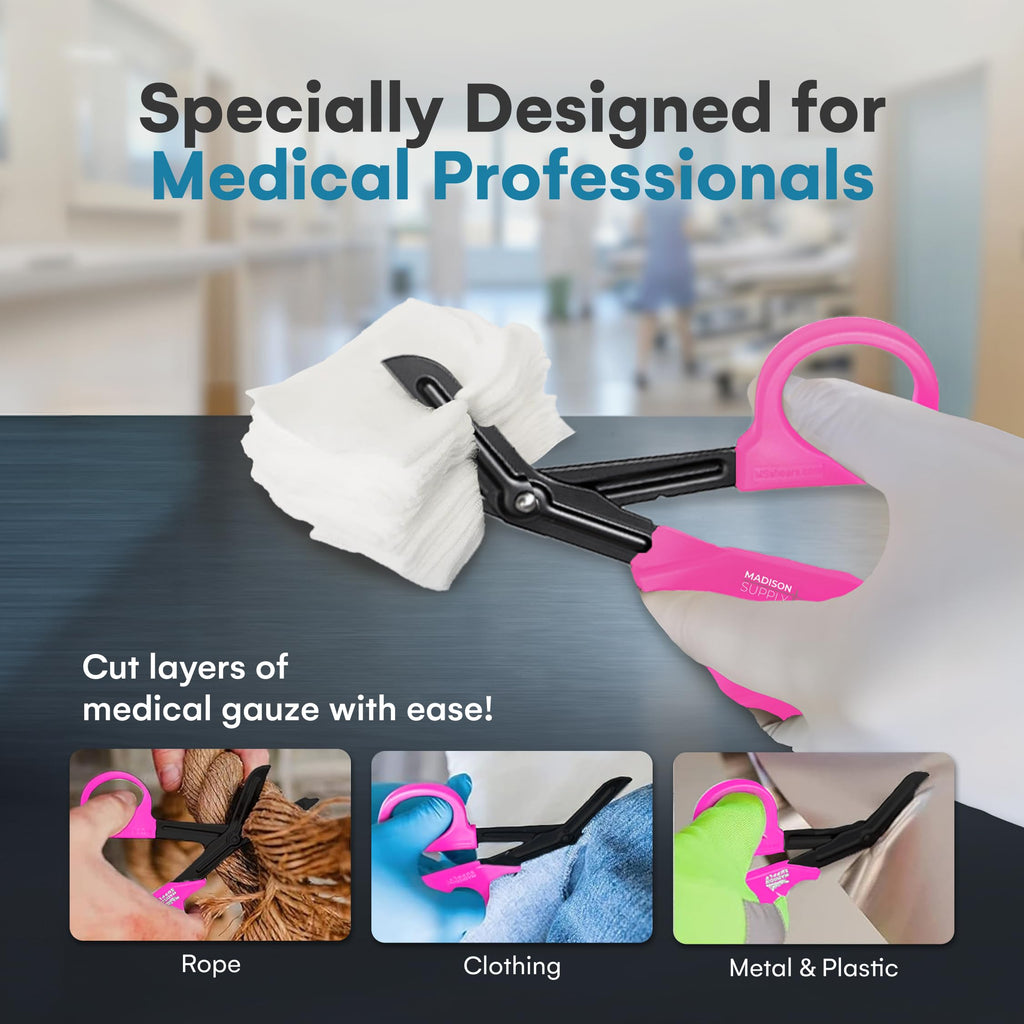 Madison Supply 2 Pack Trauma Shears - 7.5 Inch Nurse Scissors with Quality Stainless Steel, Non-Stick Fluoride-Coated Blades, High-Impact Handles - Medical Bandage Scissors - Pink