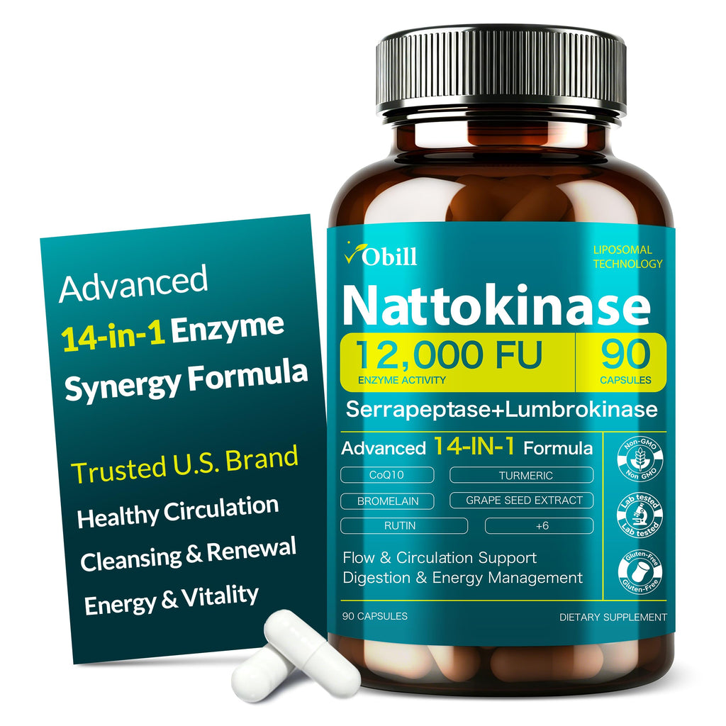 Nattokinase Supplement 12,000 FU (Max Strength) Serrapeptase 360,000 SPU, Lumbrokinase 10,000 FUV & CoQ10 -Systemic Enzymes Complex for Cardiovascular & Circulatory, Gut & Digestion Health-90 Capsules