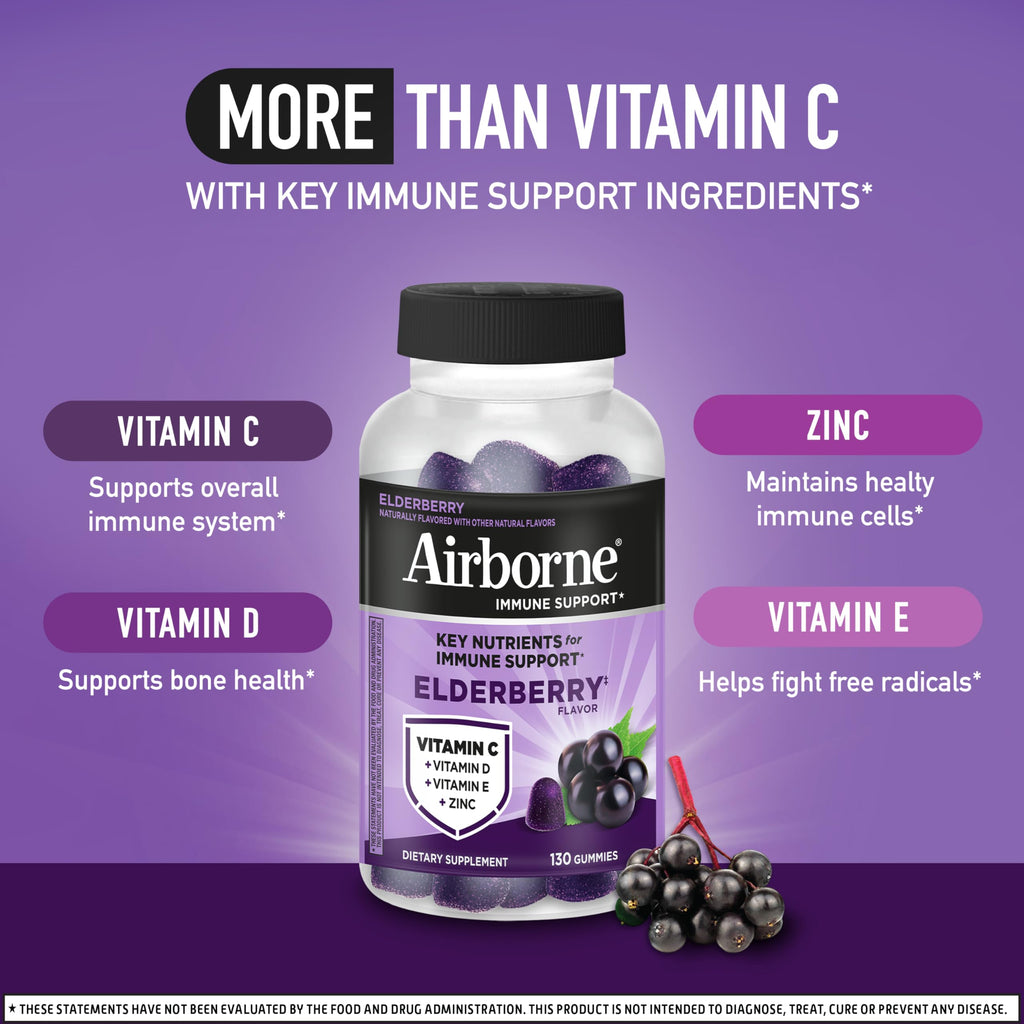 Airborne Elderberry + Zinc & Vitamin C Gummies for Adults,Immune Support with Antioxidants Vitamins C,D & E,Elderberry Flavor,130 Count (Pack of 2)