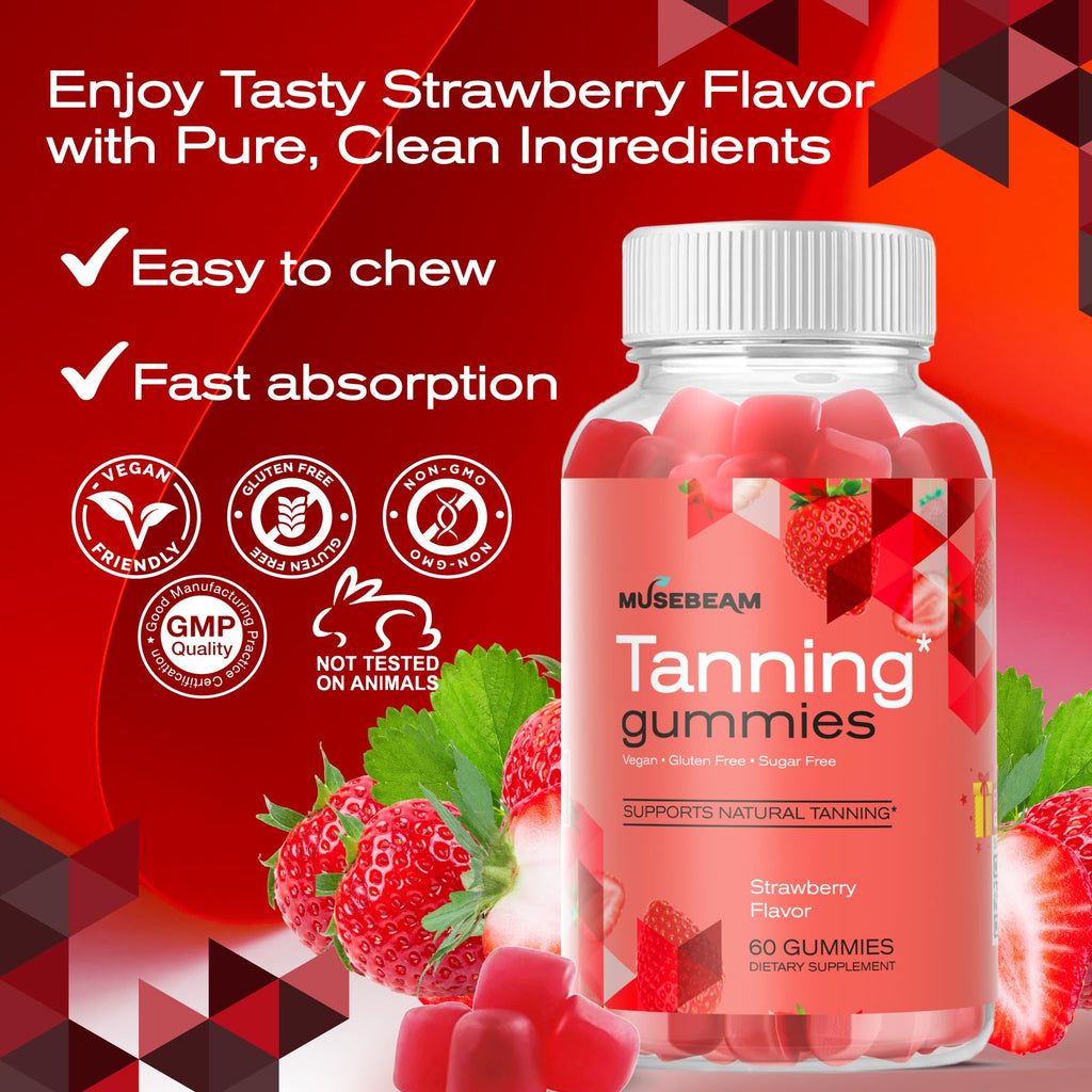 MuseBeam Tanning Gummies for Women - Daily Self Tan Chews That Work Fast Without Sun - Sunless Tan Skin Health Glow Up Sugar Free Vegan Oral Melanin Supplement with Beta Carotene Astaxanthin Lycopene