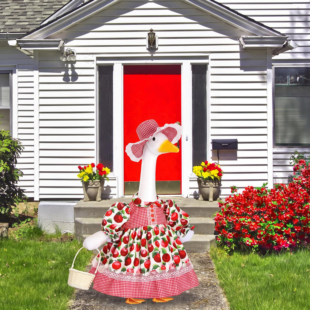 FuWeave Porch Goose Outfit 23'' Statue Apple Dress Hat Fall Decor