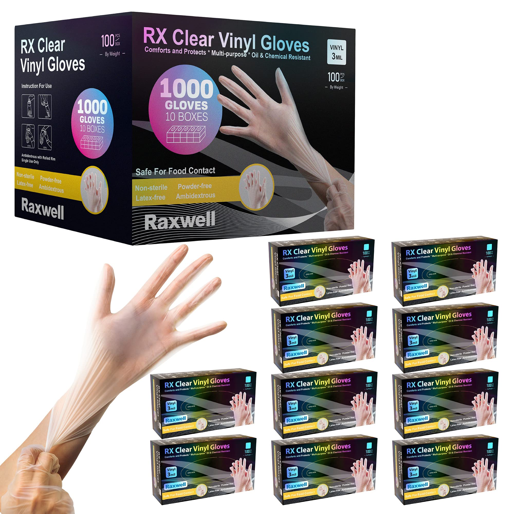 Raxwell Clear Vinyl 3 Mil Disposable Cleaning Gloves - Large, 1000 Count - Food-Safe Cooking & Food Prep Gloves - Latex-Free Exam & Medical Gloves