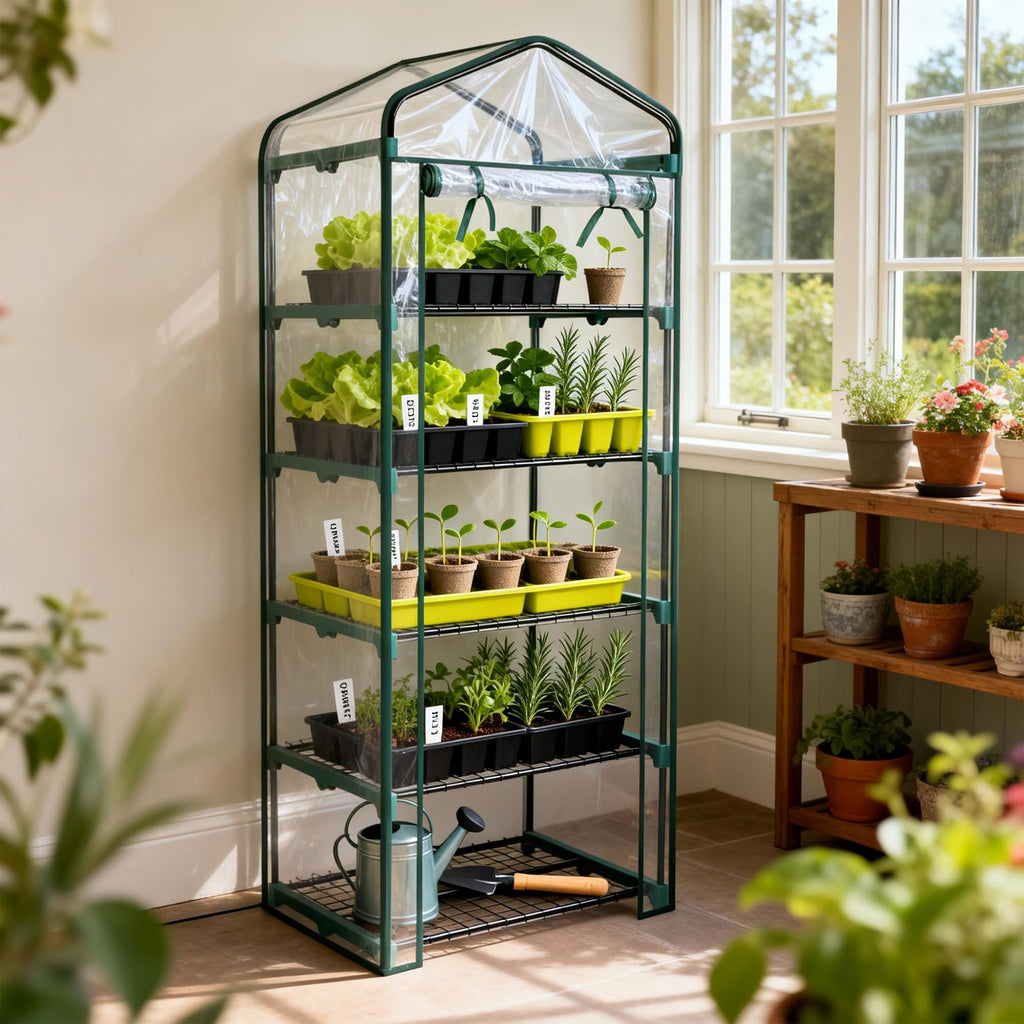 Worth Garden 5 Tier Mini Greenhouse - 75'' H x 27'' L x 19'' W - Sturdy Portable Gardening Shelves with Transparent PVC Cover - Small Porch Green House for Growing Plants Flowers Indoor & Outdoor