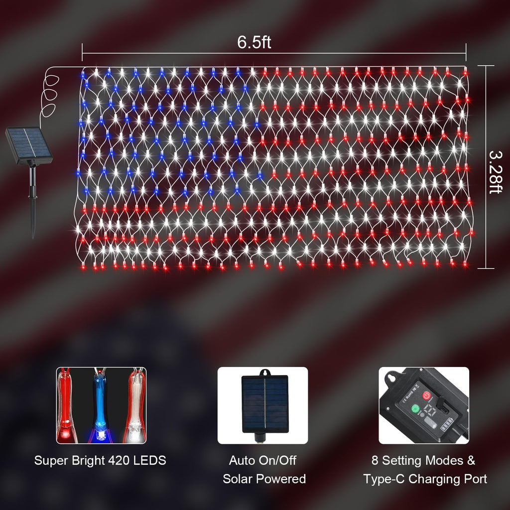 DBFAIRY Solar American Flag Lights Outdoor,420 LEDs American Flag Net Lights 6.5ft x 3.28ft Super Bright,Memorial Day Decorations of The United States for Independence/National/Memorial Day,July 4th