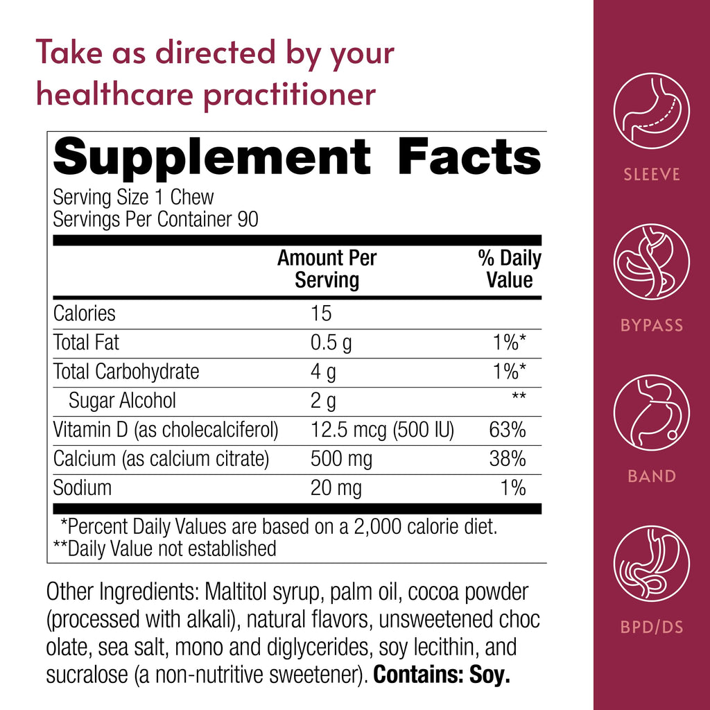 Bariatric Advantage Calcium Citrate Chewy Bites 500 mg - Highly Absorbable & Digestible - Vitamin D3 - Easily Chewable Calcium Supplement - Chocolate Flavor - 90 Count