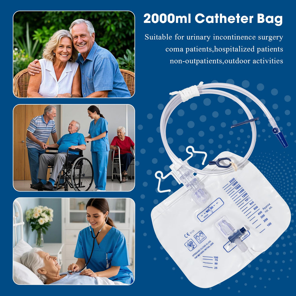 BeHerk 2000mL Catheter Bags for Men and Women 3 Pack Professional Urinary Drainage Bags with Enhanced Anti-Reflux Drip Chamber, 48” Thickened Drainage Tube, Adjustable Clips & Hanging Hook
