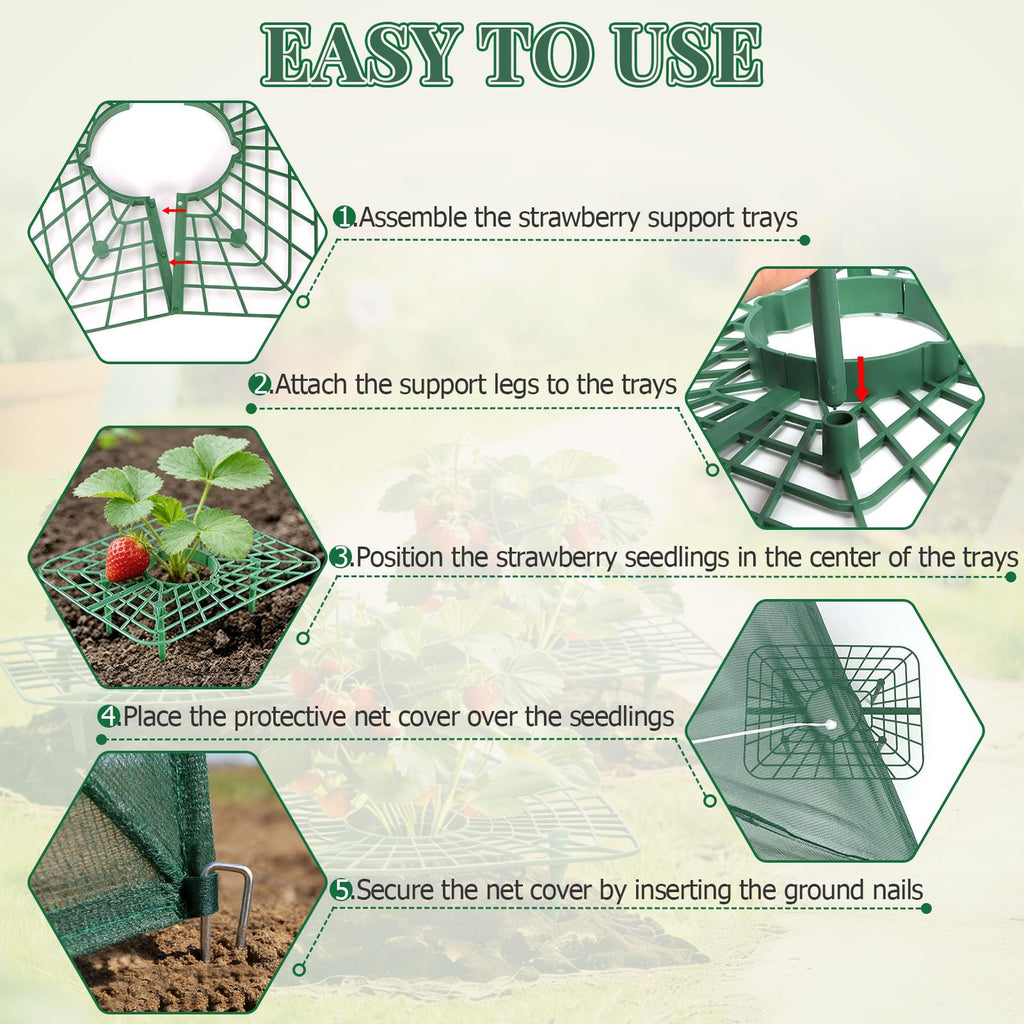 6 Sets Strawberry Plant Support with Mesh Plant Cover, Strawberry Growing Rack Kit with 24 Iron Plant Nails for Garden, Strawberry Growing Frame with Protective Net for Strawberries Tomatoes Veggies