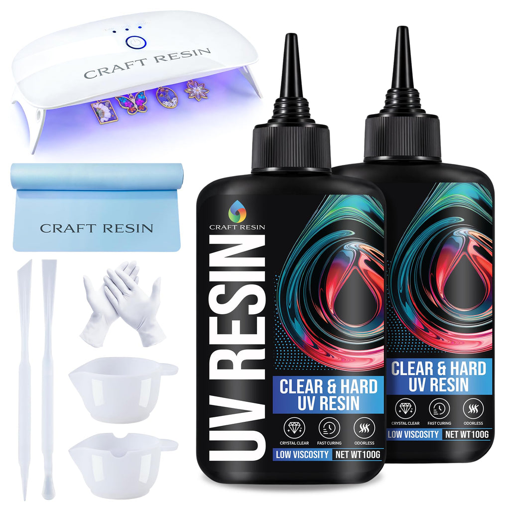 CRAFT RESIN 300g UV Resin Kit Hard Type Low Viscosity – Crystal Clear and No-Yellowing UV Resin Glue for DIY, Jewelry Making, Molds Casting and Polymer Clay Projects - Fast Cure Under UV Light