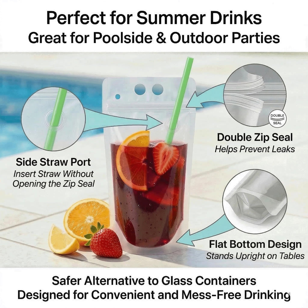 C CRYSTAL LEMON 100PCS Drink Pouches with Side Straw Port, Resealable Drink Bag Set with Straws & Funnel, 17oz Clear Beverage Pouches for Juice, Smoothies, Cocktails & Slushies