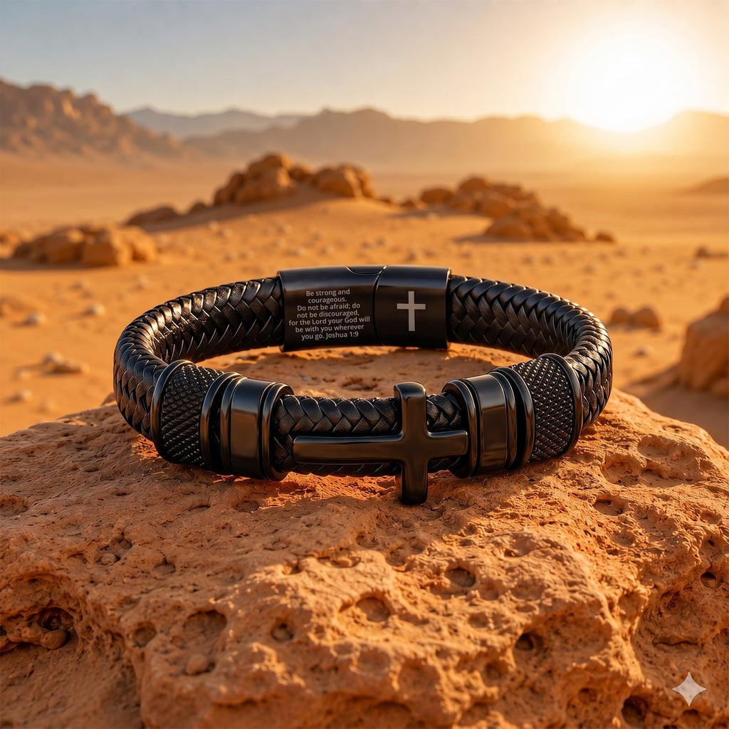 Enjoy Risingsun Mens Christian Bracelet, Cross Bracelet for Men, Gifts for Husband Dad Boyfriend Son, Engraved Bible Verse Jewelry, Stainless Steel Cross, Black Braided Leather Bracelets (Joshua 1:9)