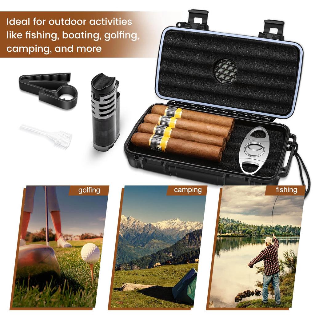 Flauno Travel Cigar Humidor Case - Portable Humidor Kit with Lighter (Without Gas), Cutter, Holder, Humidifier & Dropper, Waterproof, Crushproof, Airtight Seal (Holds up to 5 Cigars)