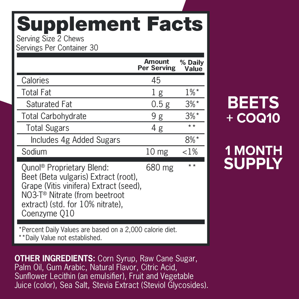 Qunol Beets Chews for Blood Pressure Support, 3 in 1 Beets + CoQ10 + Grape Seed Extract, Supports Healthy Blood Circulation & Heart Healthy Energy, 60 Chews