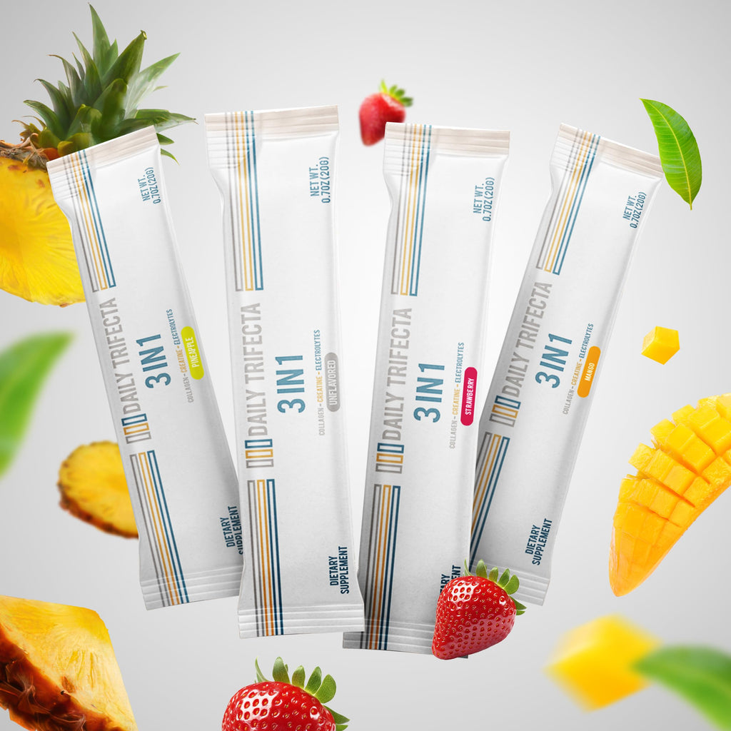 DAILY TRIFECTA 3-in-1 Collagen, Creatine & Electrolyte Stick Packs | Type I Collagen, Creatine Monohydrate, Zero Sugar | 30 Natural Single-Serve Packets | Strength, Hydration & Recovery (Grape)