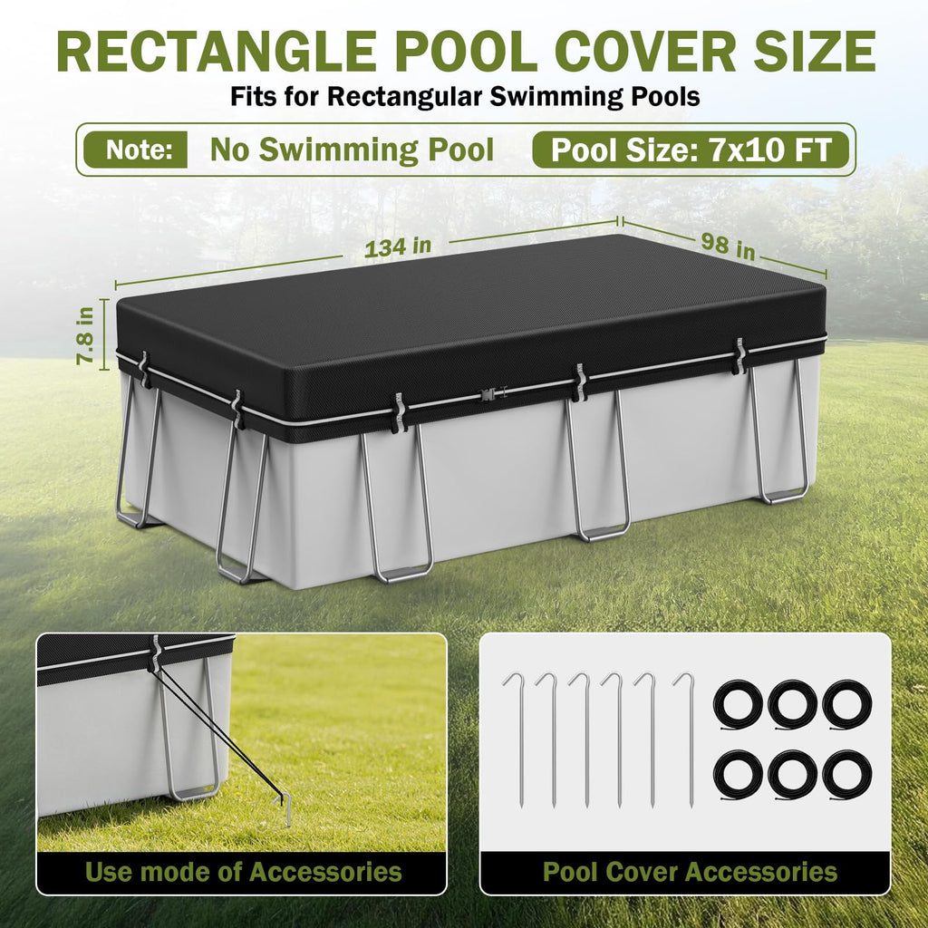 7x10Ft Rectangular Pool Cover, Swimming Pool Cover for Above Ground Pool, Solar Cover Including Full-Circle Windproof Buckle, Winter Cover Ideal for Waterproof and Dustproof