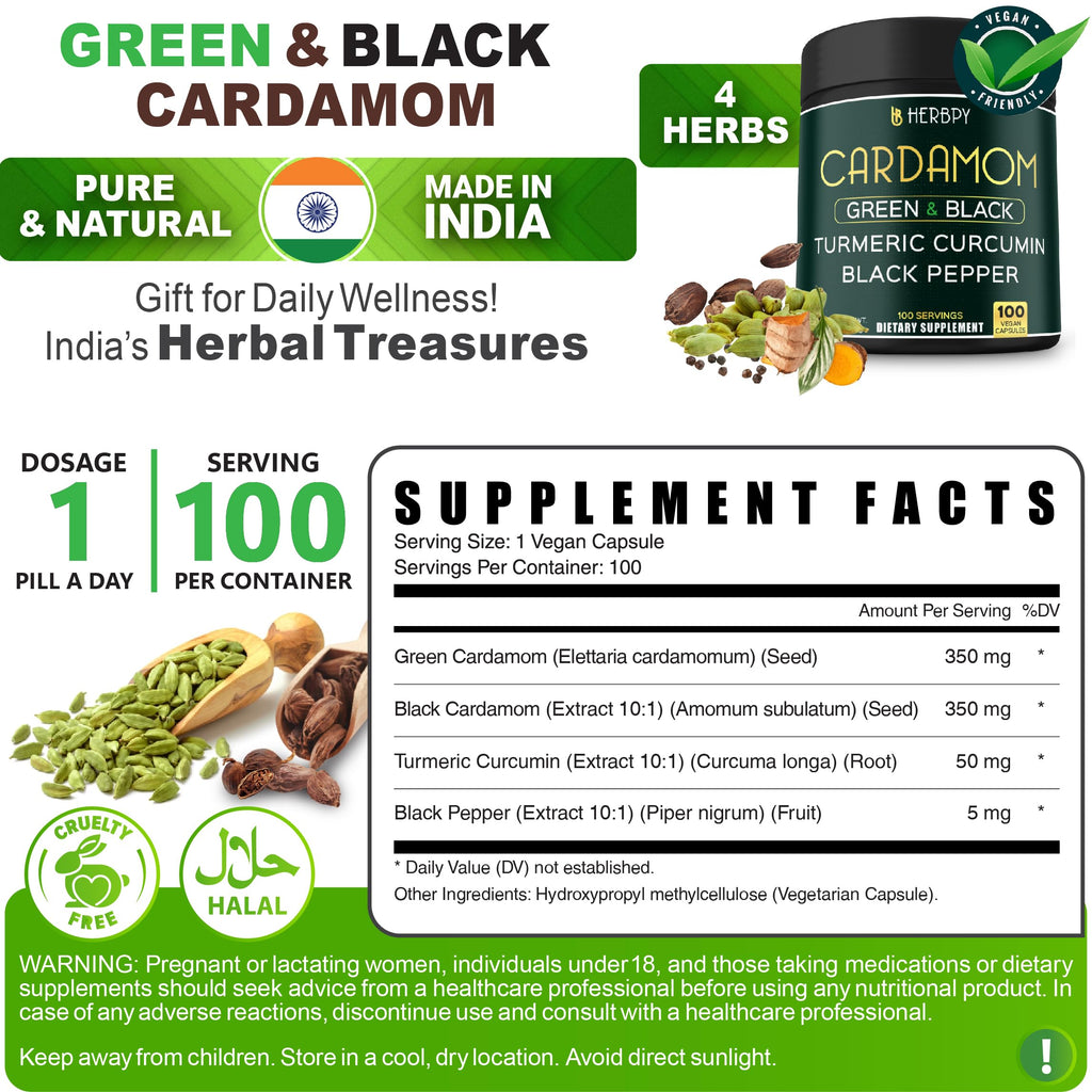 Herbpy 4in1 Cardamom Supplement - Green & Black Cardamom Seeds with Turmeric & Black Pepper – Digestive Health & Natural Wellness - 100 Vegan Capsules