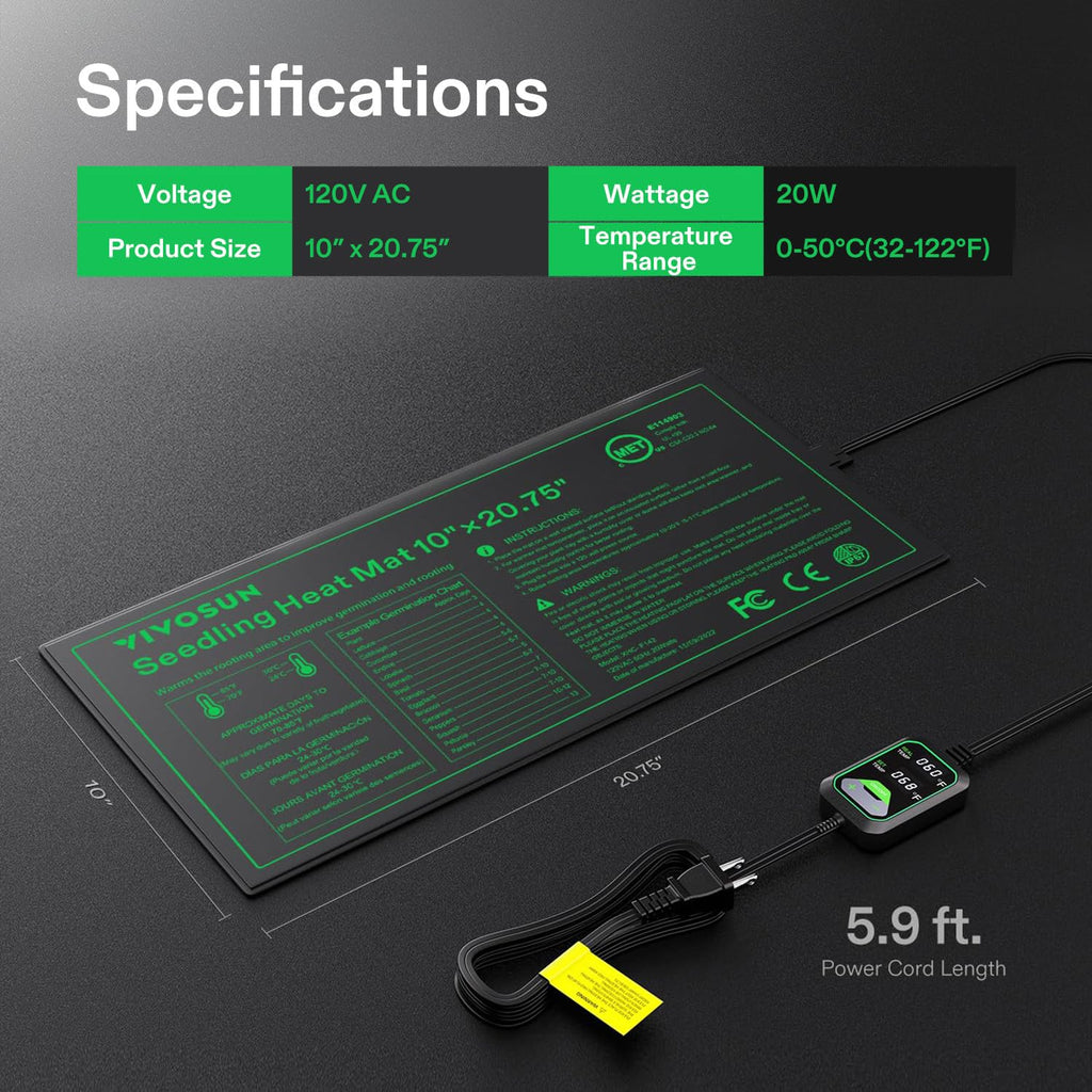 VIVOSUN 10"x20.75" Seedling Heat Mat with Built-in Temperature Controller