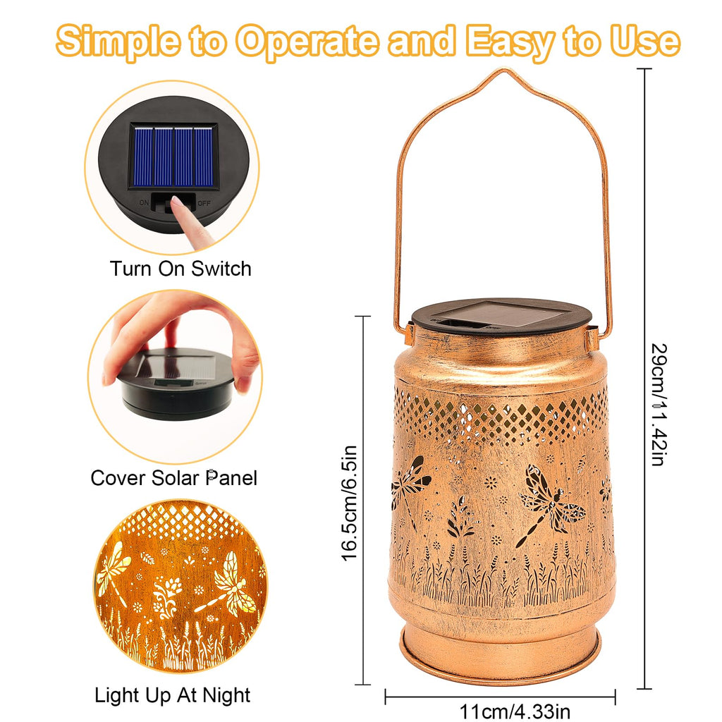2 Pack Solar Lanterns Outdoor Waterproof Dragonfly Garden Decor, Birthday Gifts for Women Mom Grandma, Hanging Solar Lights Metal LED Decoration with Shepherd Hook Outside for Yard Patio Lawn Porch