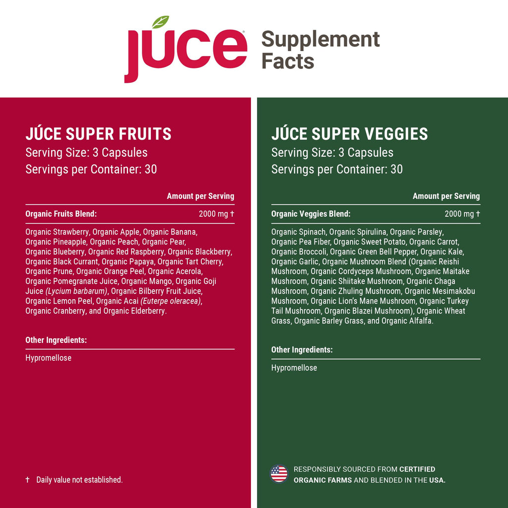Juce Original Formula - Organic Super Fruit & Veggies Supplement - Gluten/Gelatin Free, Soy Free & Vegan- Reds & Greens Superfood Capsules- 23 Fruits & 23 Vegetables (180 Count)- By Terra Kai Organics