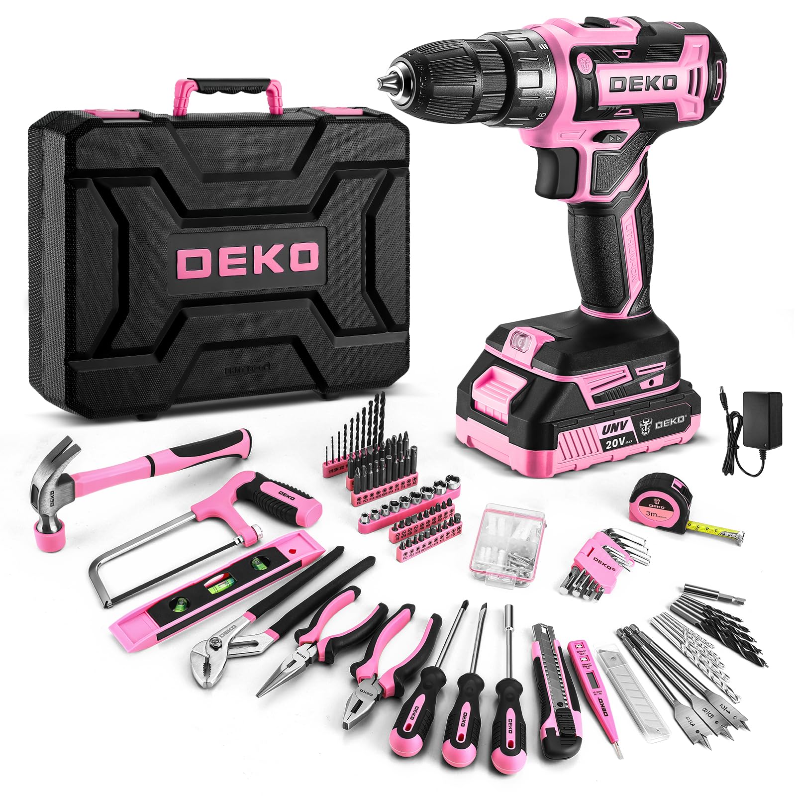 Pink Power Drill Tool Kit Set: 20V Cordless Electric Drill, Driver, Tool Box with Battery