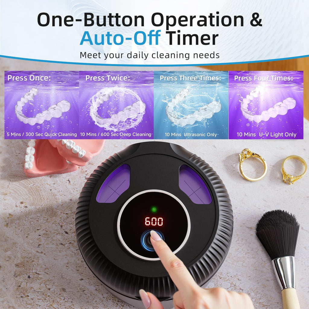 Ultrasonic Retainer Cleaner Machine, 45kHz Dental Cleaning Pod for Dentures, Jewelry, Toothbrush Heads, Mouth Guards, Aligners, Braces, 200ML Denture Cleaner 4 Modes & Digital Timer, Black