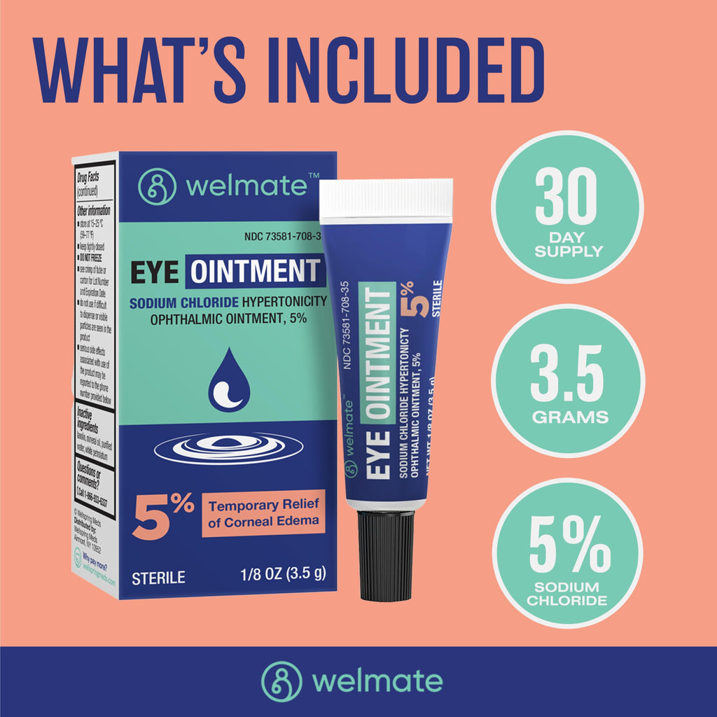 WELMATE - Eye Ointment (1 Tube) - Sodium Chloride Hypertonicity Ophthalmic Ointment 5% - Relief of Corneal Edema Symptoms - Lanolin & Mineral Oil - Sterile - Travel Size - Eye Care - 1/8 oz (3.5g)