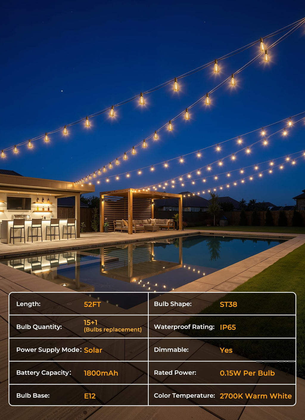 Brightown 52FT Solar String Lights Outdoor Waterproof, Patio Lights with Remote & Timer, USB/Solar Powered Dimmable Outdoor Lights, 15+1 LED Bulbs for Backyard Garden Camping Party - 26Hrs Runtime