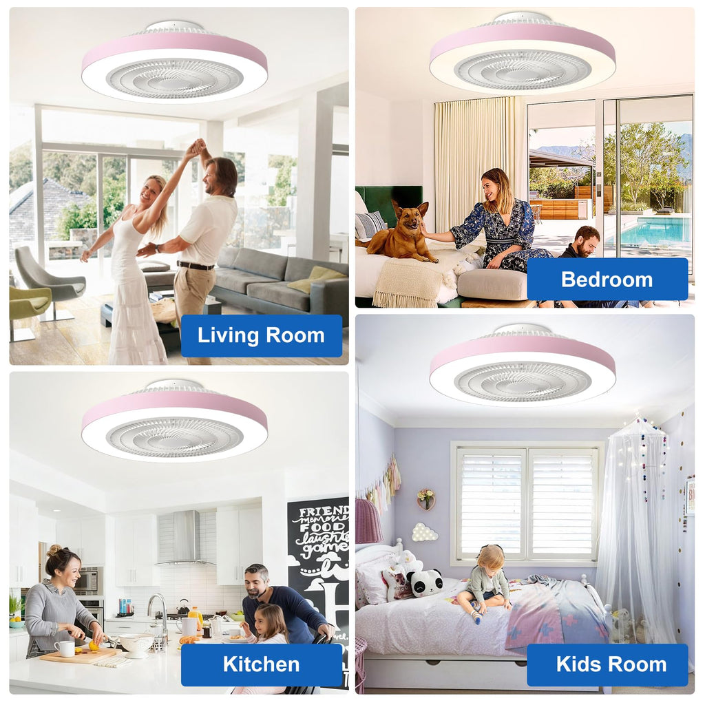 Depuley Bedroom Ceiling Fan with Light: 19" Modern LED Flush Mount Low Profile Ceiling Fans with Remote & Smart APP Control - Pink Enclosed Bladeless Fandelier Dimmable Quiet DC Motor for Kids Room