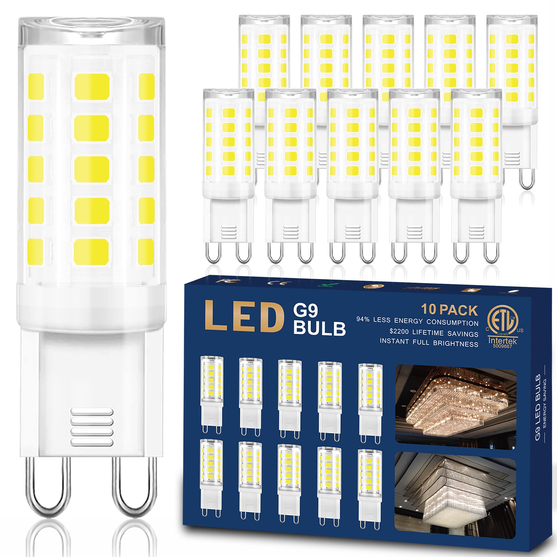 winshine 10 Pack G9 LED Bulb Bi Pin Base, 6000K Daylight 4W (40W Halogen Equivalent) T4 G9 Base Llight Bulbs for Chandeliers, 360° Beam Angle, 400LM, Non-dimmable for Home Lighting