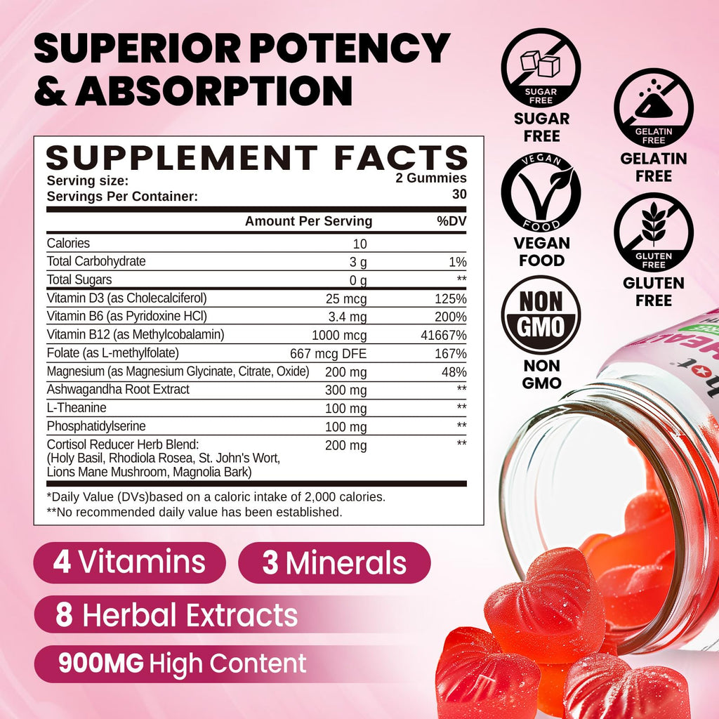 duwhot Cortisol Gummies, 15 in 1 Lower Cortisol Supplements for Women, w. Ashwagandha, Magnesium, Phosphatidylserine, Folate for Hormone Balance, Mood, Focus, Sleep Support, Sugar Free, Vegan, 120
