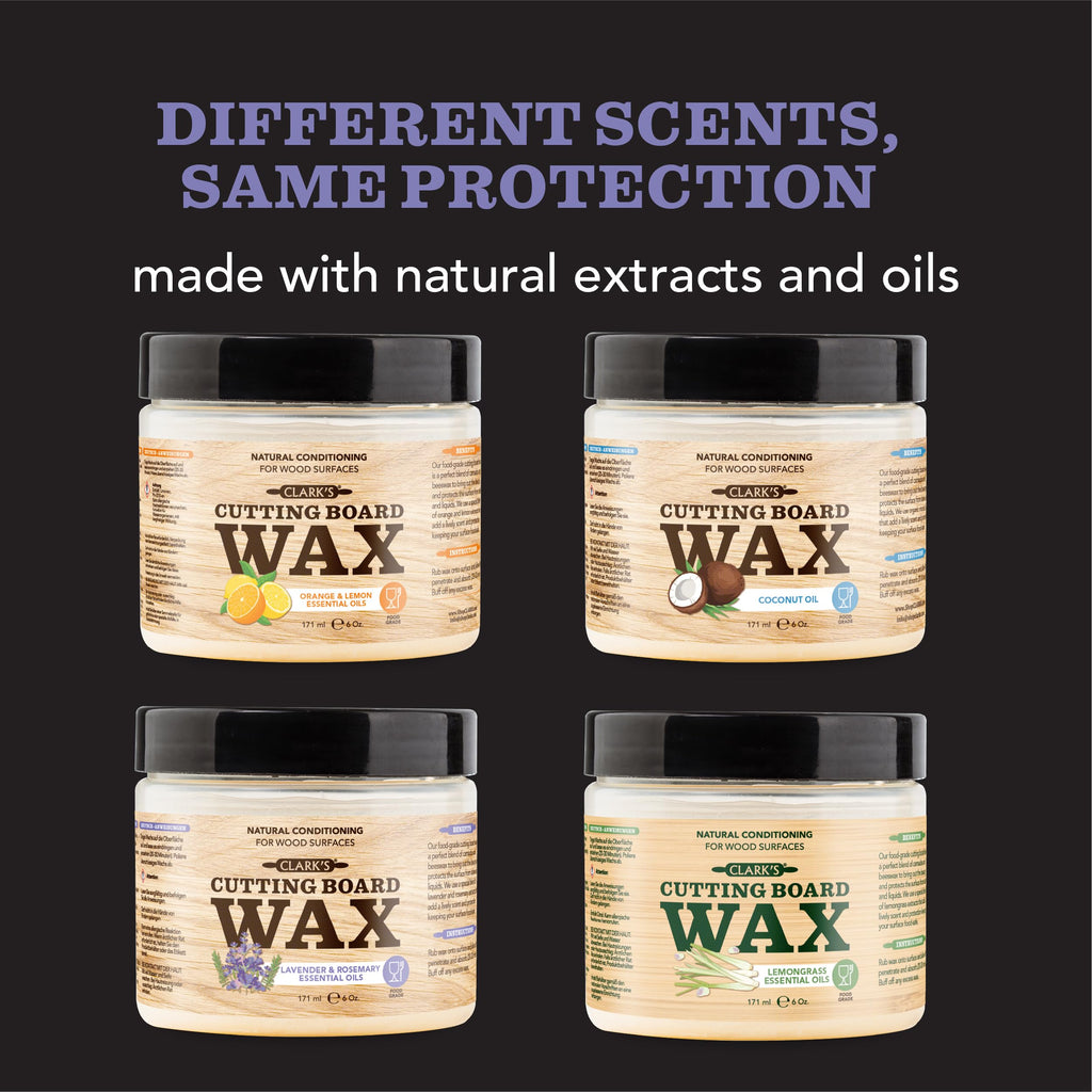 CLARK'S Cutting Board Wax - 2-in-1 Wood Butter & Food Grade Mineral Oil with Beeswax – Butcher Block Conditioner for Cutting Boards – Lavender & Rosemary Essential Oil Scent – Made in USA, 6oz