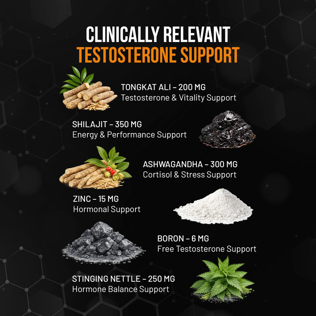 Nutesta Men's Support Supplement - Ashwagandha, Zinc, Boron, Tongkat Ali Root, Stinging Nettle, Black Pepper & Shilajit Gum - 60 Capsules