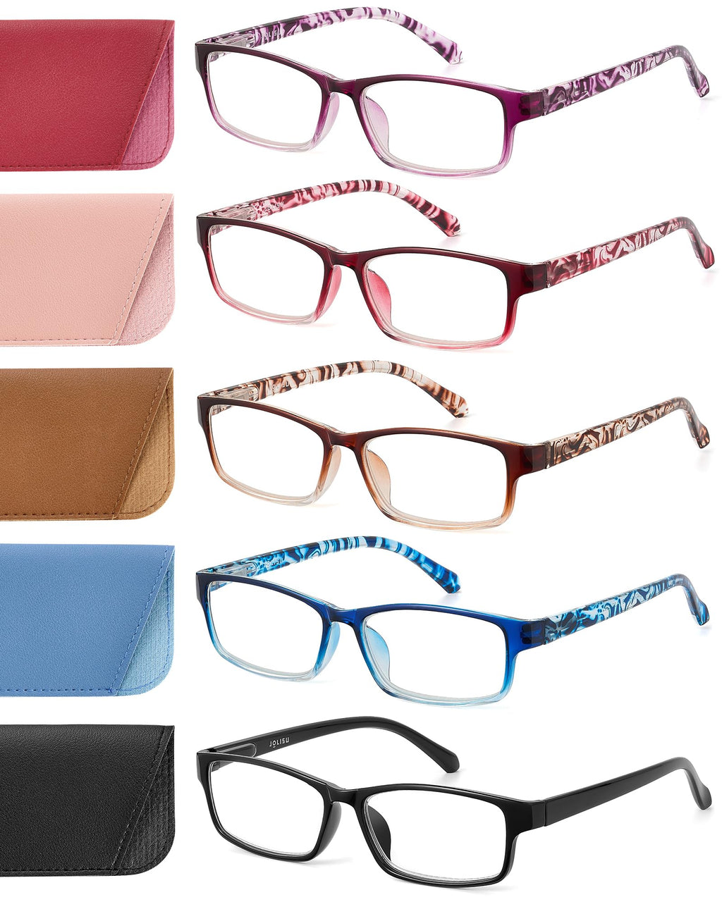 JOLISU 5 Pack Reading Glasses for Women and Men, Lightweight Eyeglasses with Spring Hinge, Blue Light Blocking Readers-1.75
