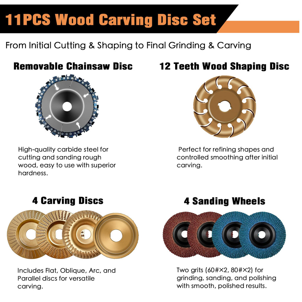 Konvixon 11PCS Wood Carving Disc Set for 4" or 4 1/2" Angle Grinder, Stump Tool Grinding Wheel Disc with 5/8" Adapter Ring, Woodworking Grinder Attachment for Cutting Shaping Carving Sanding Polishing