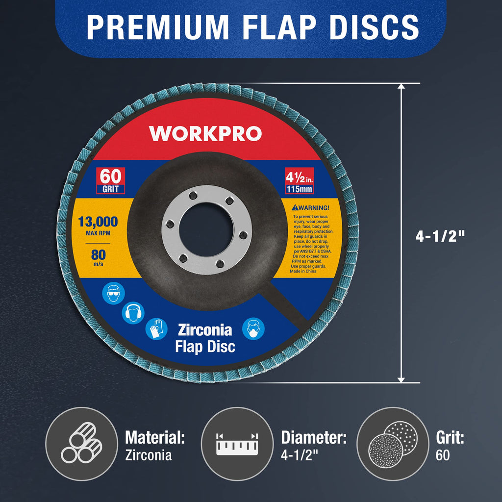 WORKPRO 10-Pack Flap Discs, 4-1/2-inch, Arbor Size 7/8-inch, T29 Zirconia Abrasive Grinding Wheel and Flap Sanding Disc, Includes 60 Grit