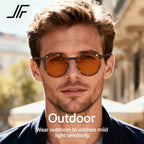 JFXQDR 2 Pack Indoor Fluorescent-41 Pink & Outdoor Fluorescent-60 Brown Round Tinted Blue Light Blocking Glasses for Migraine, Light Sensitivity, Photophobia & LED Gaming Computer Screen Glare RF6213