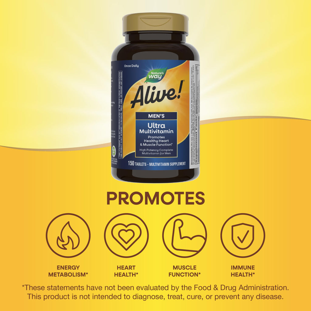 Nature's Way Alive! Men's Daily Ultra Multivitamin, High Potency Formula, Promotes Heart & Muscle Function*, with Methylated Vitamin B12, Gluten Free, 150 Tablets, (Pack of 2)