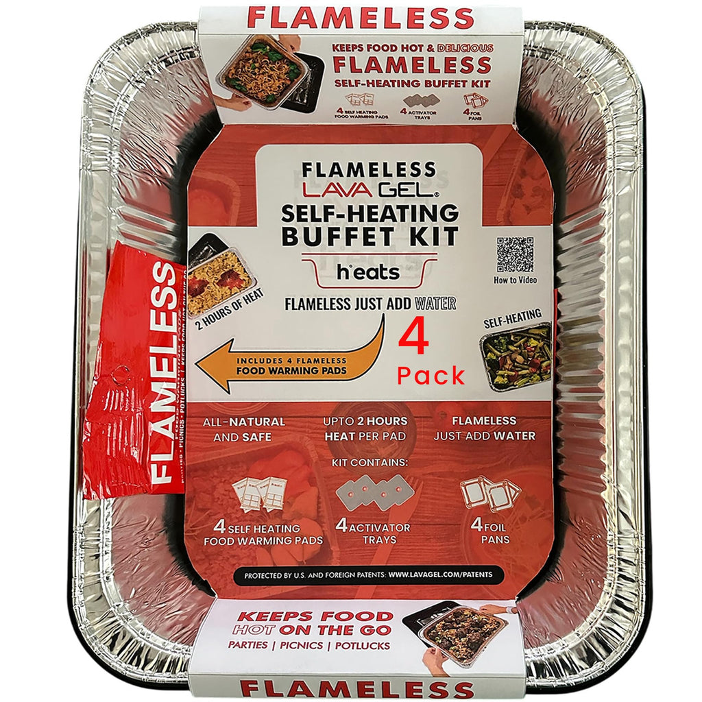 Lava Gel Self-Heating Buffet Kit – Flameless Food Warmer Set for Parties – Includes 4 Trays, 4 Half-Size Heat Pads & Foil Pans – Keeps Hot Food Hot for up to 3 Hours – Gel Fuel Can Alternative