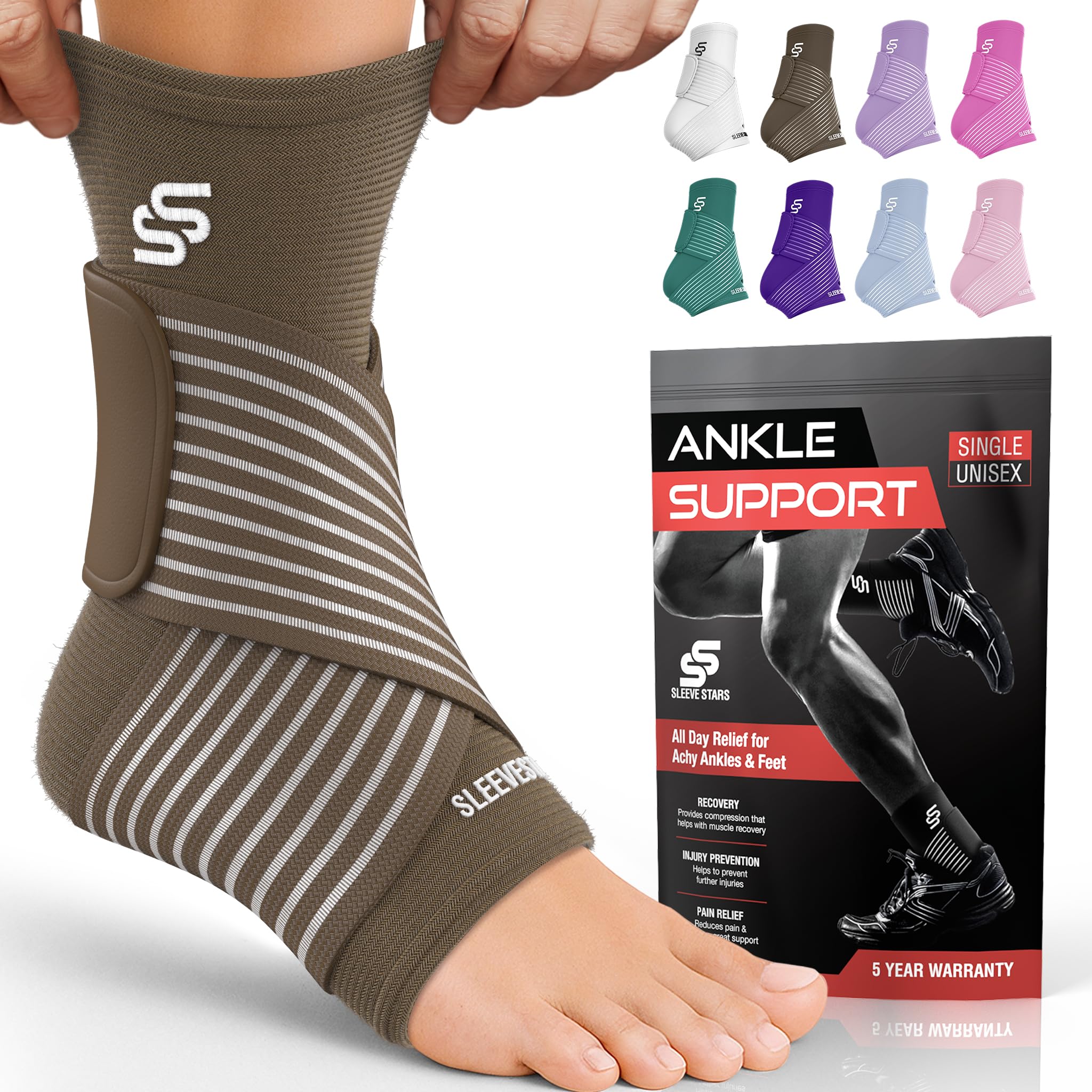 Sleeve Stars Ankle Brace for Women & Men, Ankle Wrap for Sprain, Compression Sleeve for Plantar Fasciitis Relief, Easy Customizable Support: w/ Removable Strap (Single/M:10"-12"/Mocha Brown)
