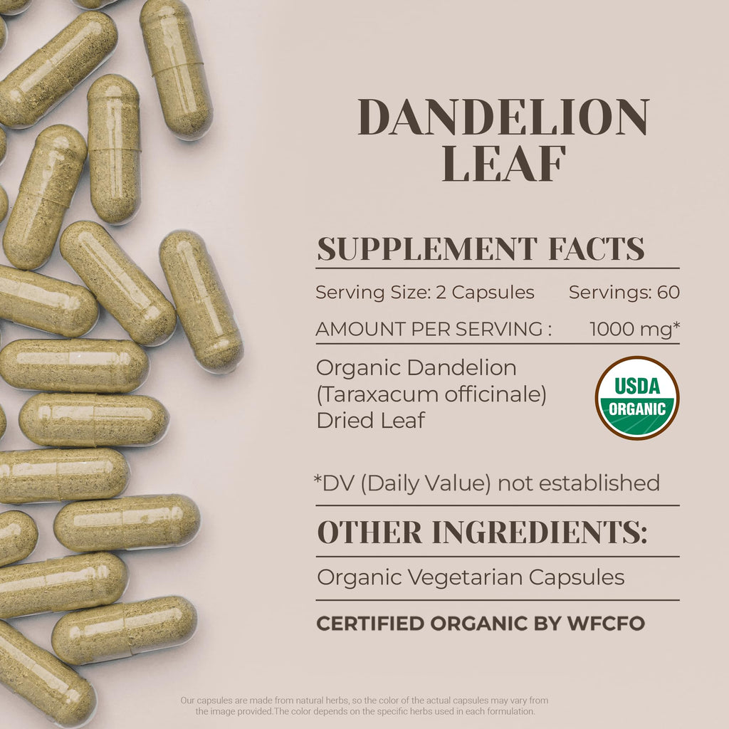 Dandelion Leaf USDA Organic 120 Capsules | Digestive System, High-Potency Supplement | Certified Organic Vegetarian Capsules and Organic Dandelion (Taraxacum Officinale) Dried Leaf (120 Capsules)