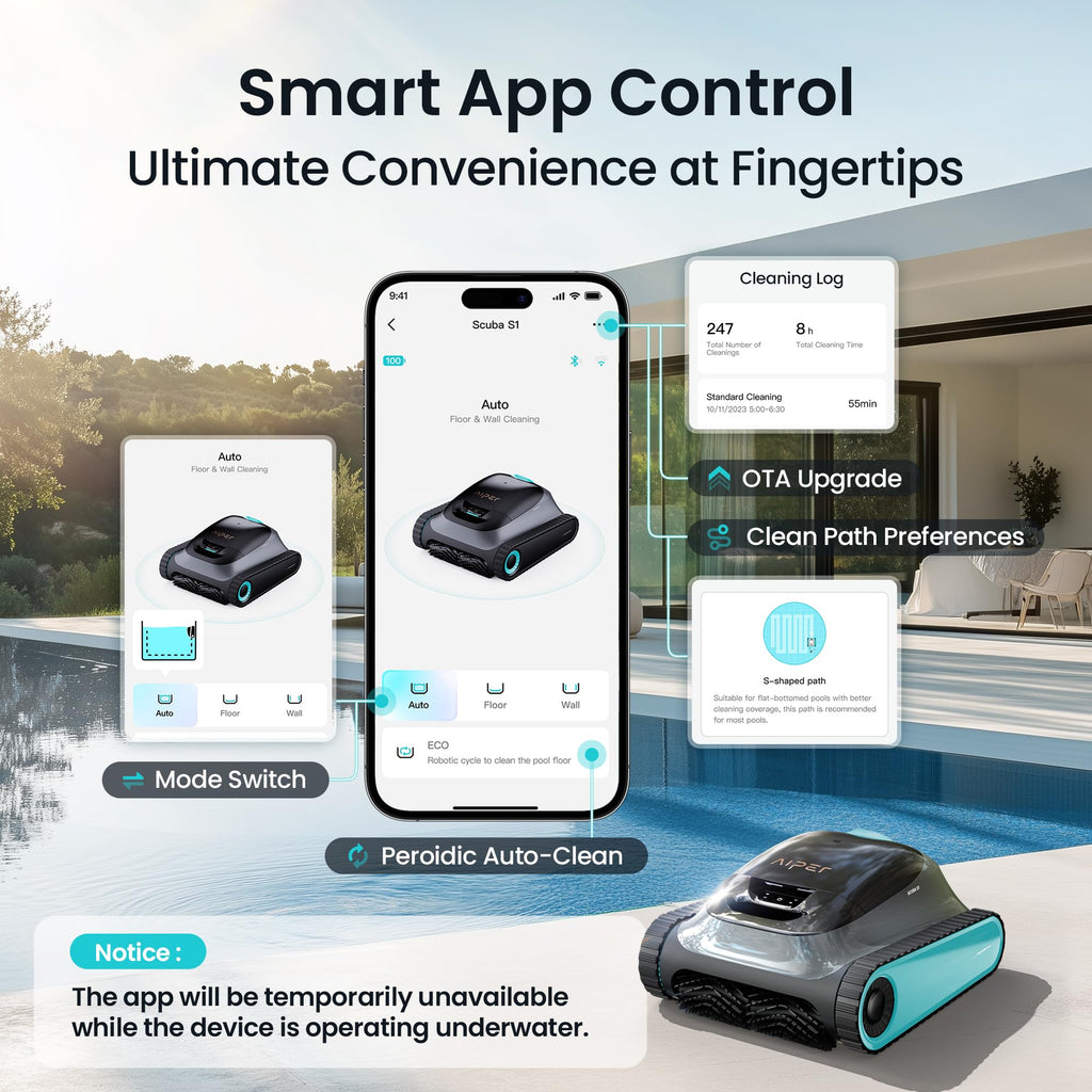(2026 Upgrade) Aiper Scuba S1 Robotic Pool Cleaner, Wall & Waterline Cleaning, Double Filtration, Extended 180-Min Battery Life, Smart Navigation, App Support, OTA Upgrade