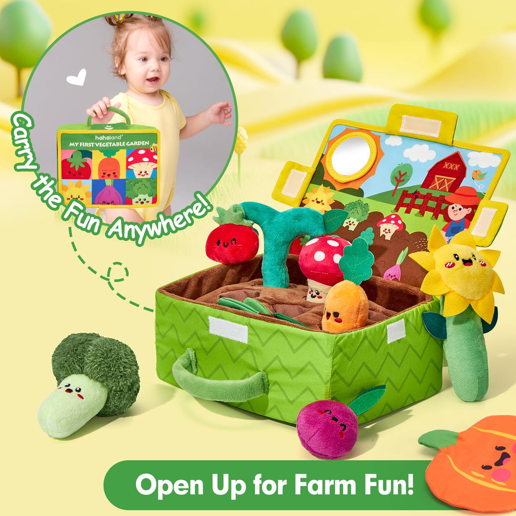 hahaland Baby Toys 6-12 Months - Fruits Vegetables Garden Plant Plush - 6 Month Old Toys Montessori Sensory Toy Carrot Flower with Rattles Mirror Squeaker Textures Crinkle Tissues Christmas Baby Gifts