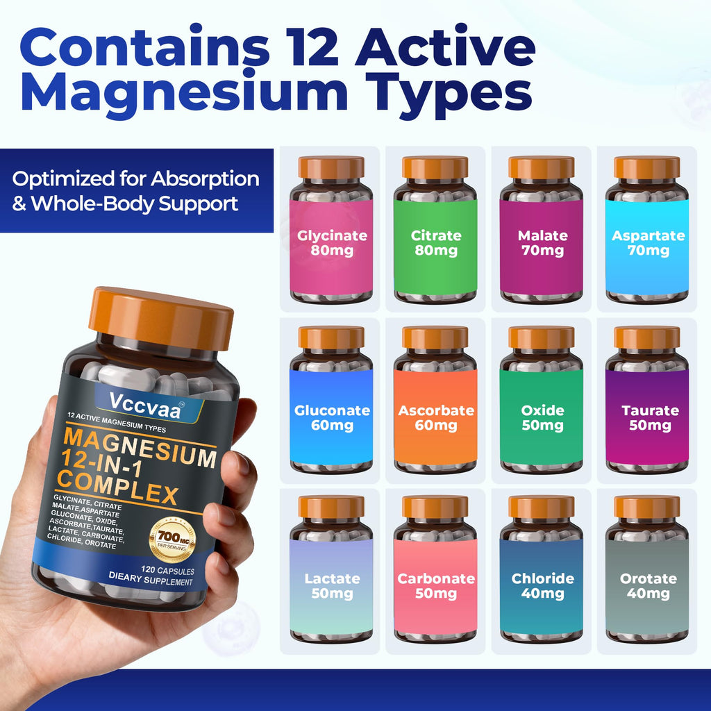 Magnesium Complex 700mg | 12-in-1 High Absorption Supplement | Glycinate, Citrate, Malate, Taurate & More | Sleep Support, Muscle Cramp Relief, Stress, Heart, Bone & Nerve Health | 120 Vegan Capsules