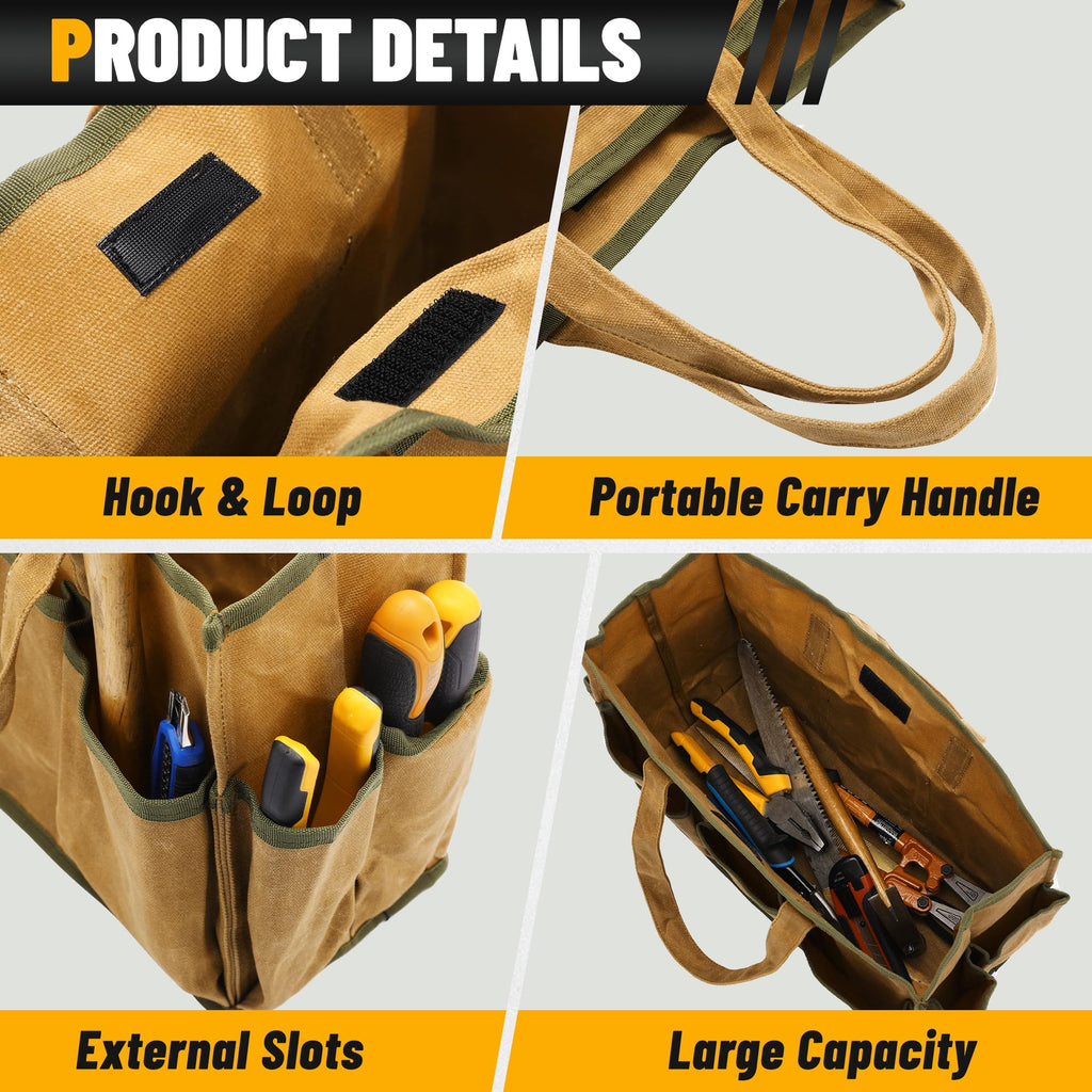 16OZ Waxed Canvas Tool Tote Bag | Large-Capacity Tool Storage Tote with 10 External Pockets | Multi-Purpose Garden Tool Carrier for Gardening, Wrench, and Carpentry Tools – Khaki