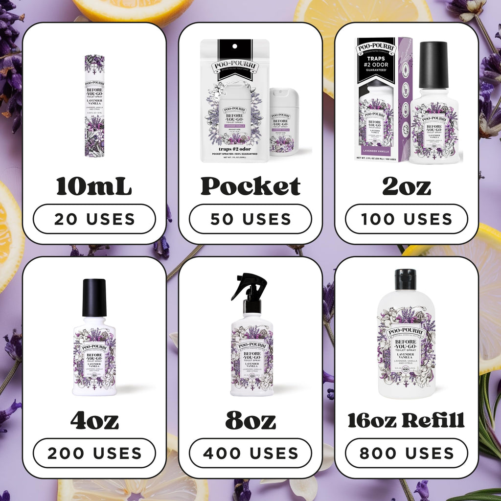 Poo-Pourri Before-You-Go Toilet Spray, Lavender Vanilla, 2 Fl Oz, Up to 100 Uses, Bathroom Odor Deodorizer with Essential Oils for Home or Work, Travel Essentials, TSA Approved Size