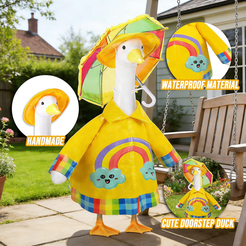 Raincoat Porch Goose Outfits,3 Pcs Waterproof Goose Outfit with Hat, Umbrella,and Raincoat,Funny Summer Lawn Goose Clothes,23" Yellow Cement Goose Statue Costume for Garden Patio Yard Decoration