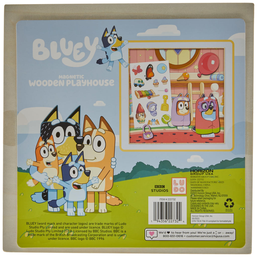 Horizon Group USA Bluey Magnetic Wooden Playhouse, 18 Piece Activity Set, Includes 2 Wooden Dolls House, Great Toys for Kids, Fun Birthday Party Activity, House Playset