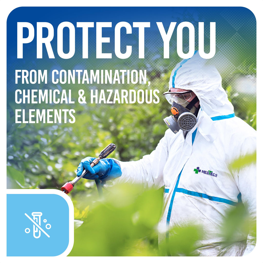 Medtecs Hazmat Suits - 6 Sizes Options (1 PC) - with Sealed Tape - Fabric Passed AAMI Level 4 Disposable Coverall PPE Suit for Biohazard Chemical Protection - Full Body Protective with Hood | L