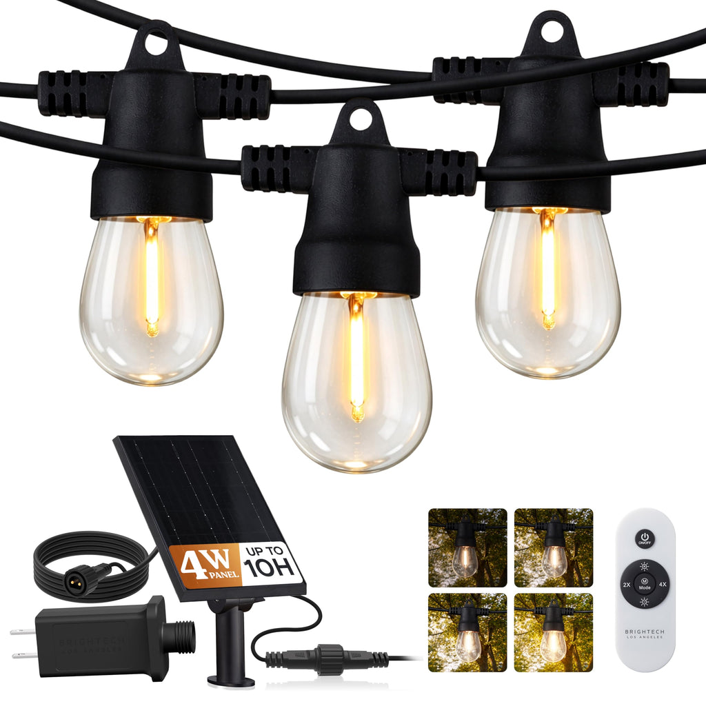 Brightech Ambience Hybrid Outdoor String Lights - Dual Plug and Solar Powered Waterproof LED Light String for Outside - Dimmable Soft White Edison Bulbs for Camping, Patio, Cafe, Yard - 48ft, 4W