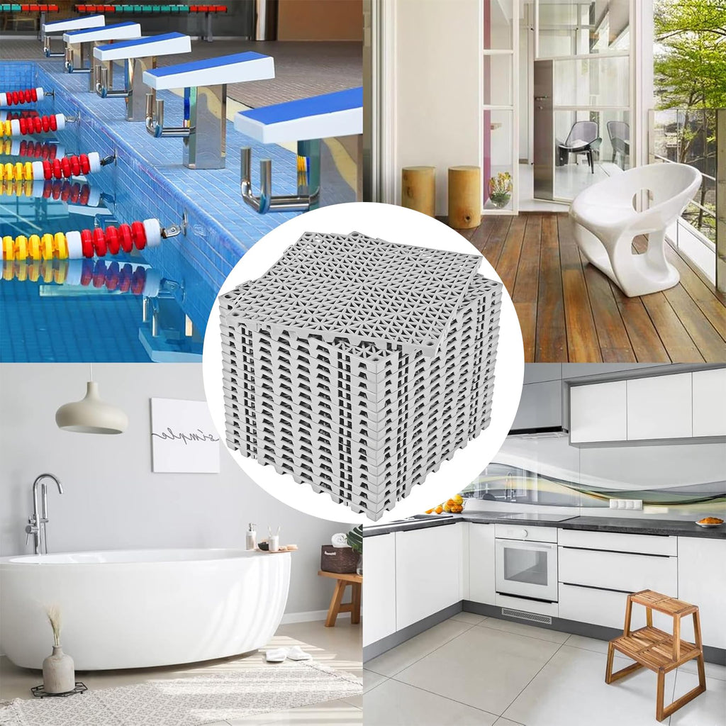 ToLanbbt Modular Interlocking Cushion 18P 11.8" x 11.8" Interlocking Rubber Floor Drain Holes Non-Slip Splicing Drainage Mats for Deck, Shower, Kitchen, Drain Pool, Sauna Bath, Indoor Outdoor (Grey)