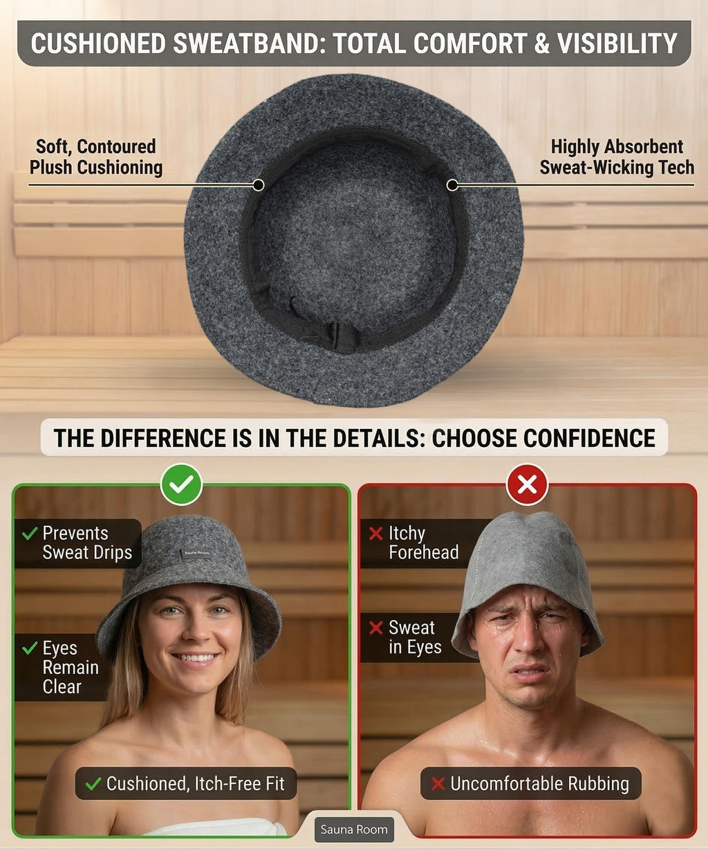 Adjustable Natural Wool Sauna Hat for Men and Women - Sauna Cap with Sweatband - Insulating Breathable Wool Banya Hat for Spa, Home Steam Room, Bathhouse - Comfortable Unisex Steam Room Hats